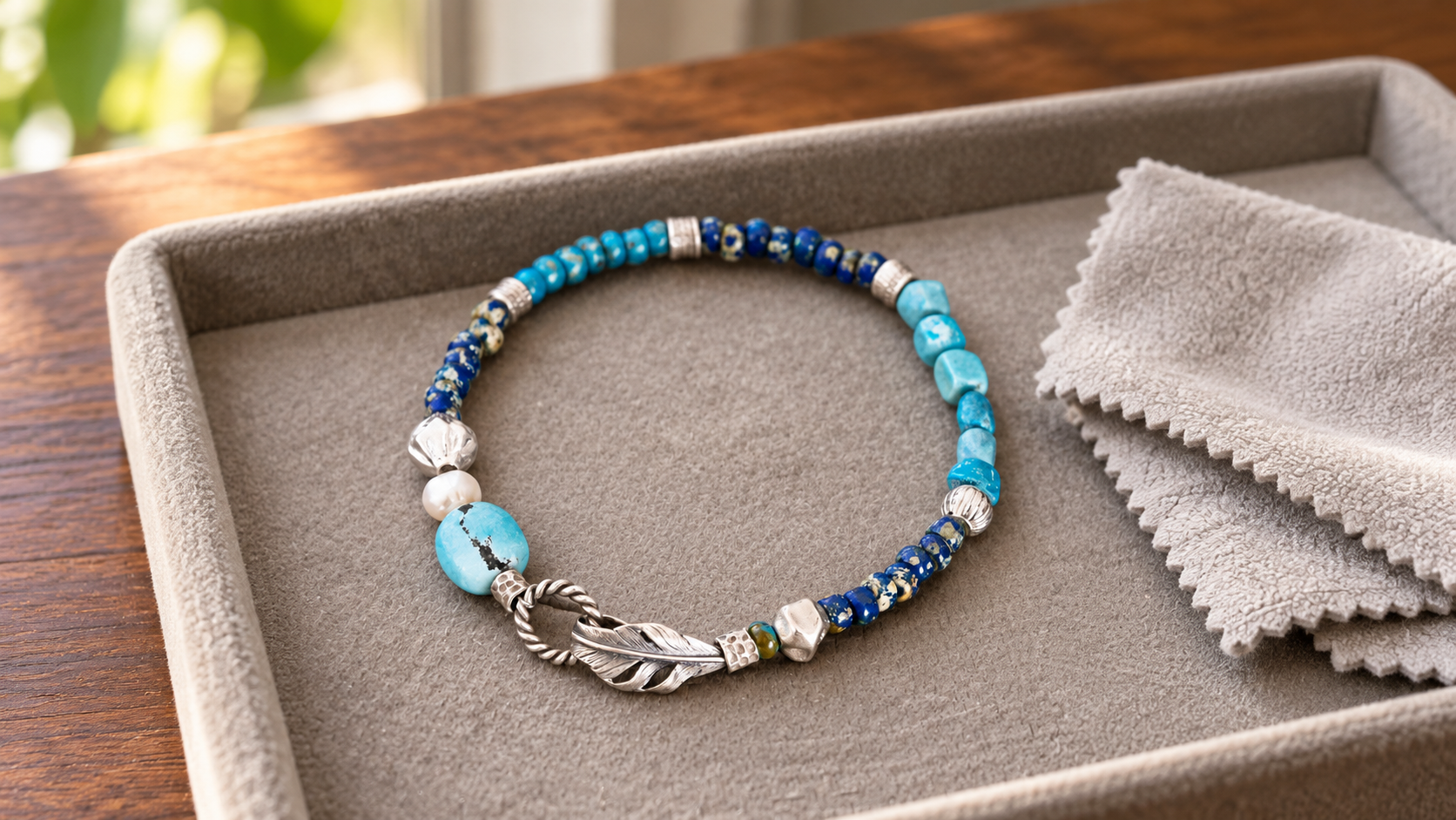 Blue beaded bracelet with a silver-colored feather detail resting beside a soft cloth in a lined tray.