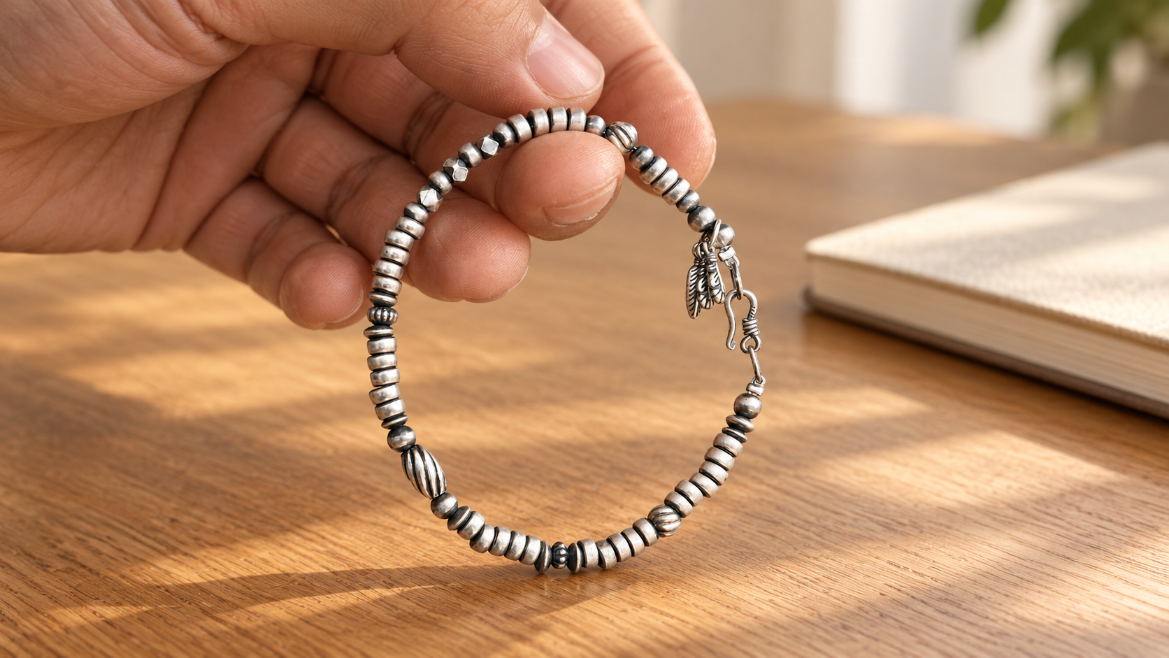 A hand holding a silver-colored beaded bracelet with feather charms above a wooden table.