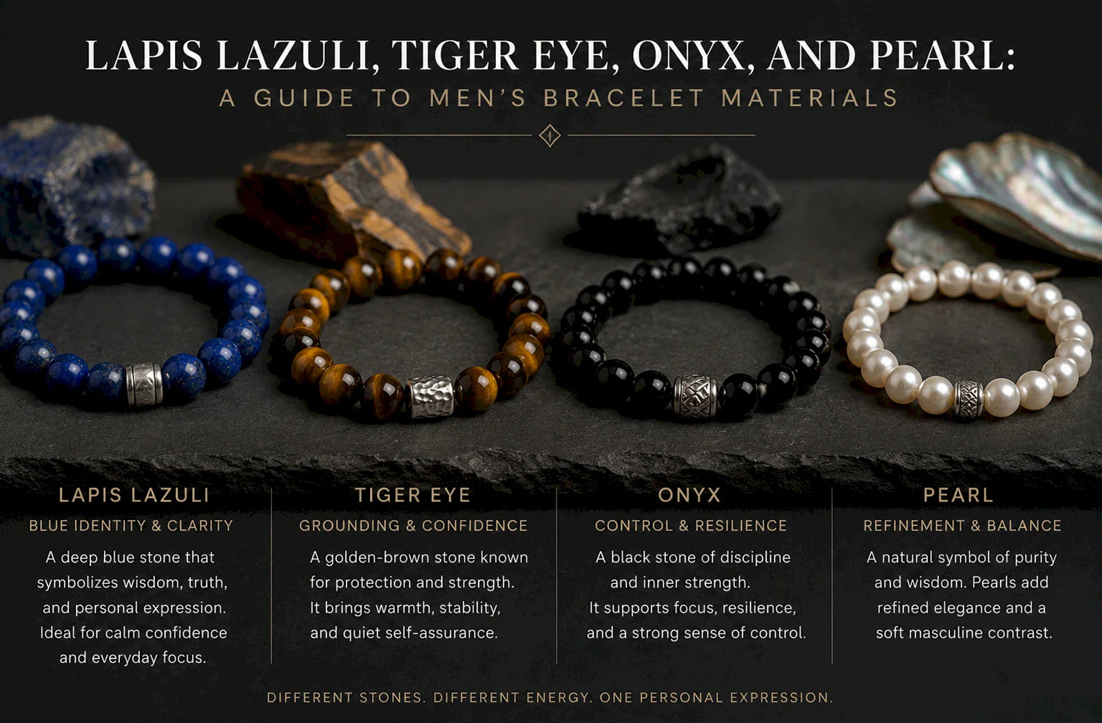 Lapis Lazuli, Tiger Eye, Onyx, and Pearl: A Guide to Men’s Bracelet Materials