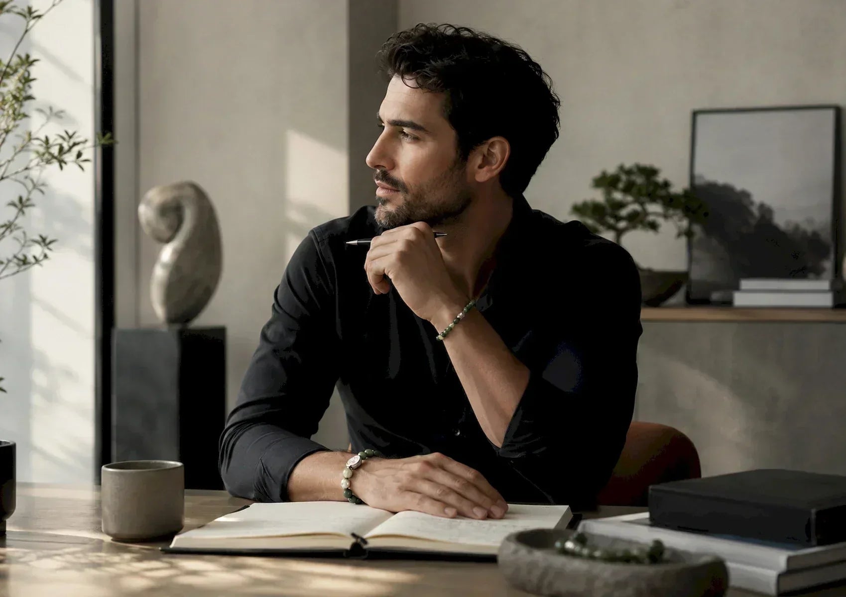 Man wearing a minimalist bracelet while planning his day at a desk with an open notebook