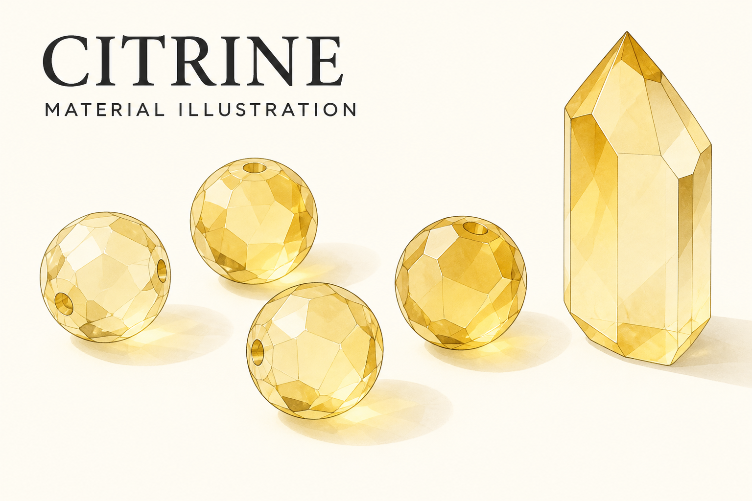 Illustration of pale-yellow and honey-yellow faceted citrine beads and a quartz crystal, labeled CITRINE — MATERIAL ILLUSTRATION.