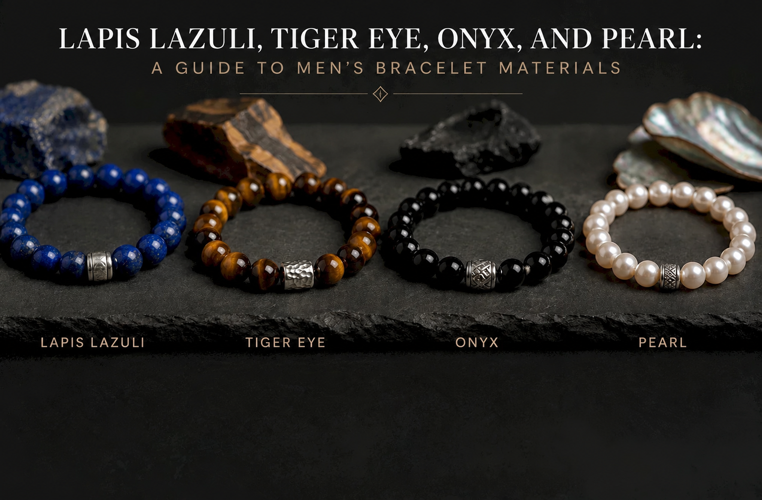 Illustrated comparison of lapis lazuli, tiger eye, onyx and pearl bracelet styles on a dark stone surface.