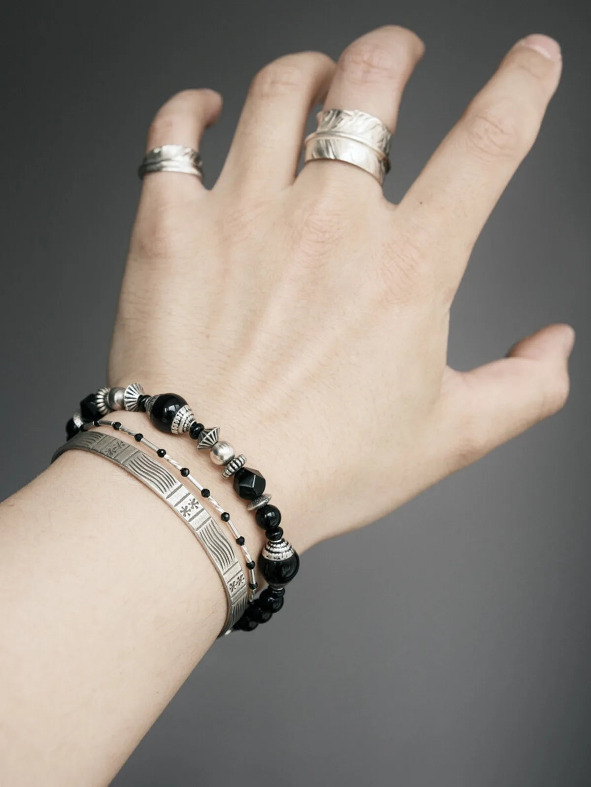 Mineral Soul Series | Black Tide | Obsidian, Black Agate & Sterling Silver Bracelet