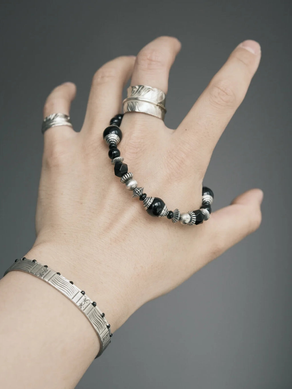 Mineral Soul Series | Black Tide | Obsidian, Black Agate & Sterling Silver Bracelet