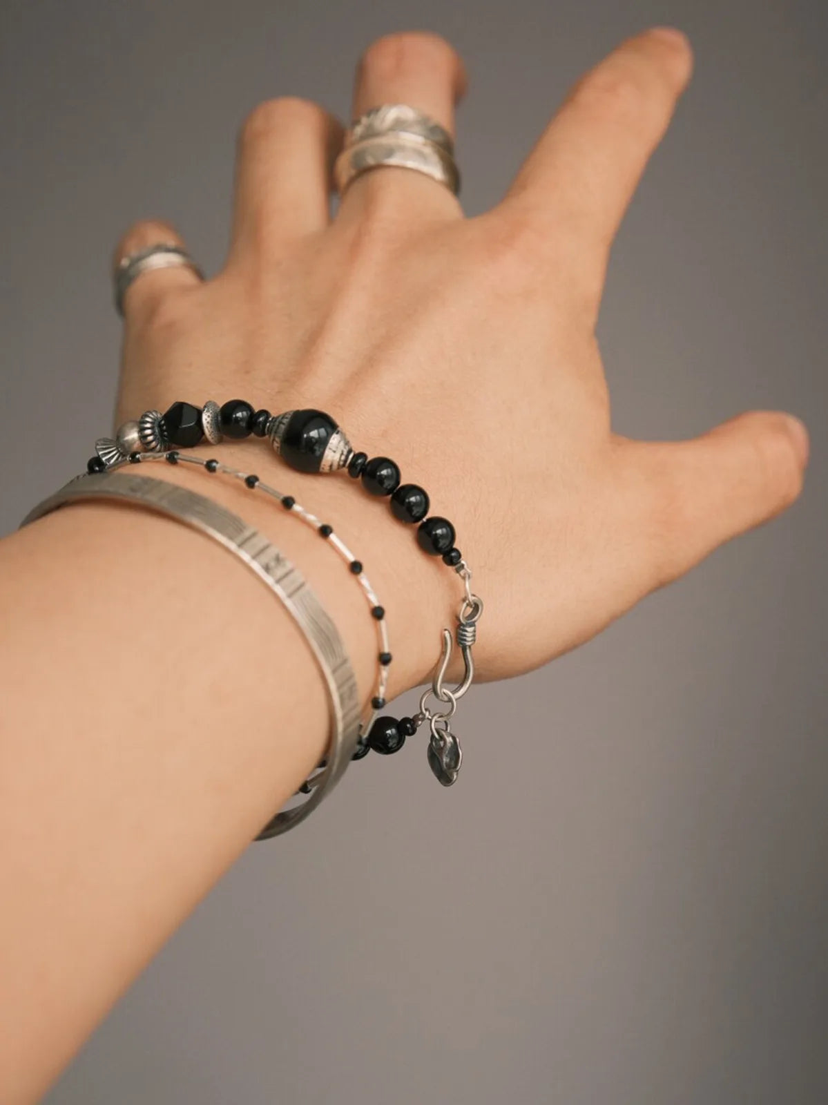 Mineral Soul Series | Black Tide | Obsidian, Black Agate & Sterling Silver Bracelet