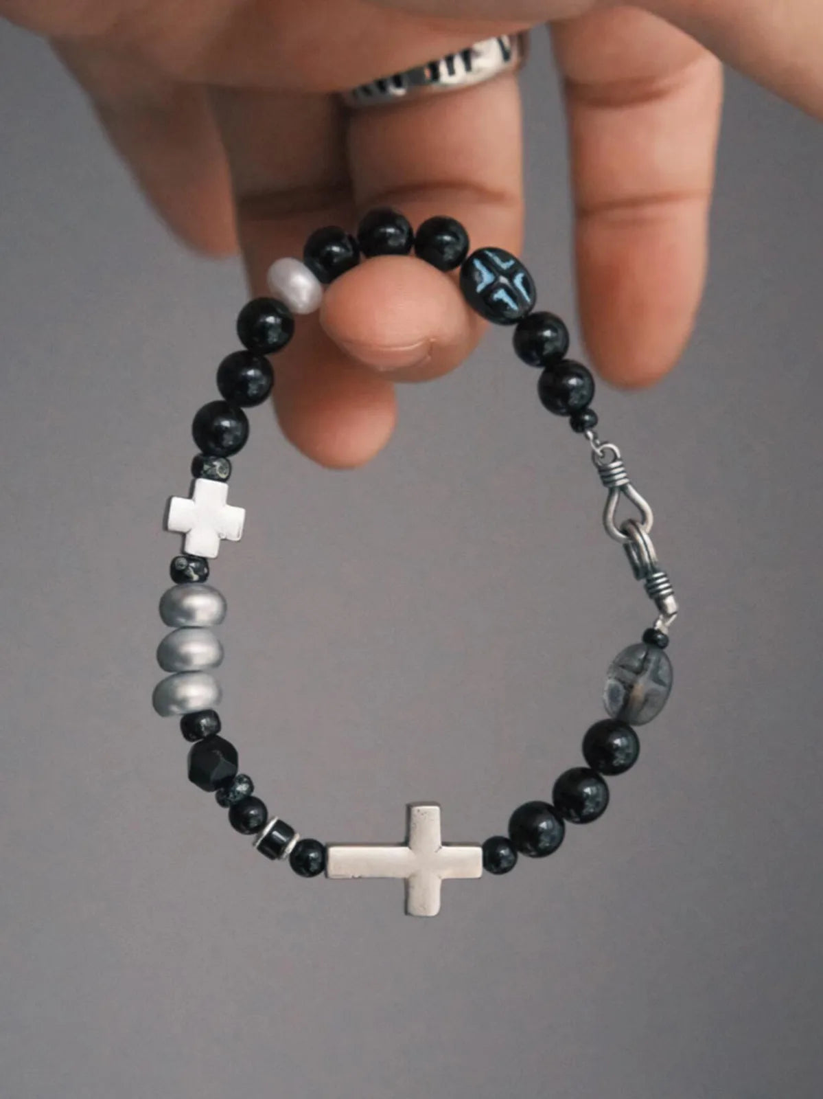 Urban Stoic Series | Dark Balance | Black Obsidian, Pearl & Silver Cross Bracelet Main image