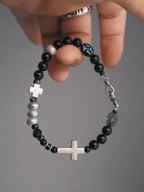 Urban Stoic Series | Dark Balance | Black Obsidian, Pearl & Silver Cross Bracelet