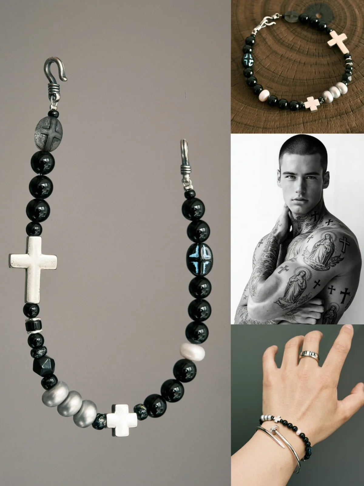 Urban Stoic Series | Dark Balance | Black Obsidian, Pearl & Silver Cross Bracelet