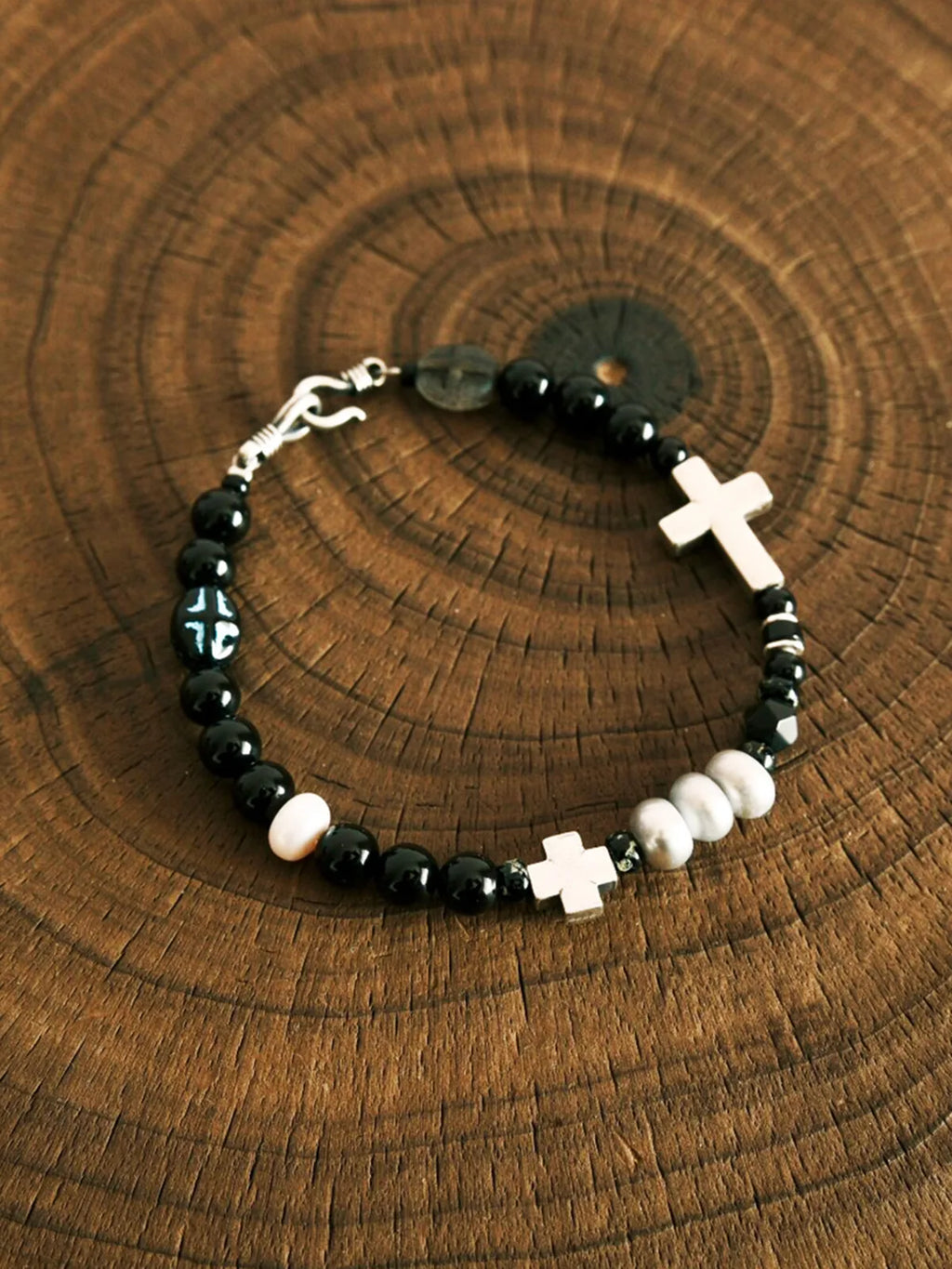 Urban Stoic Series | Dark Balance | Black Obsidian, Pearl & Silver Cross Bracelet