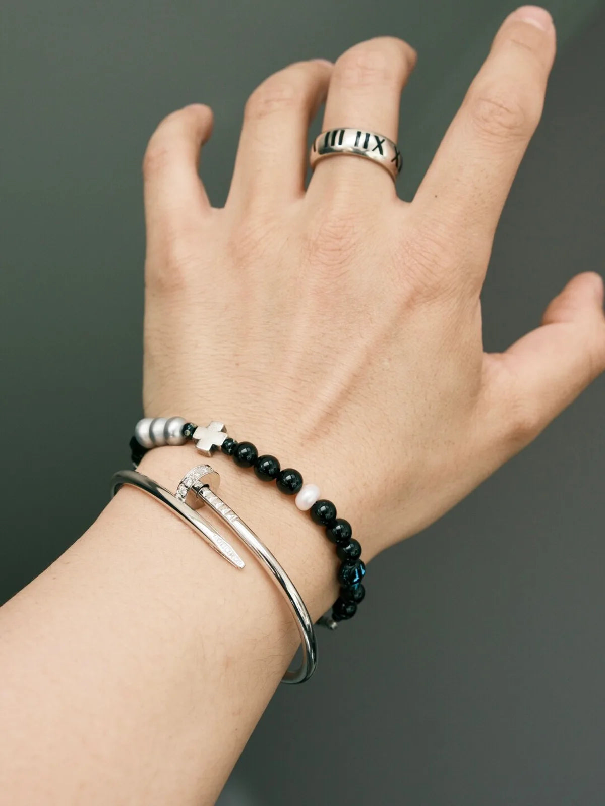 Urban Stoic Series | Dark Balance | Black Obsidian, Pearl & Silver Cross Bracelet