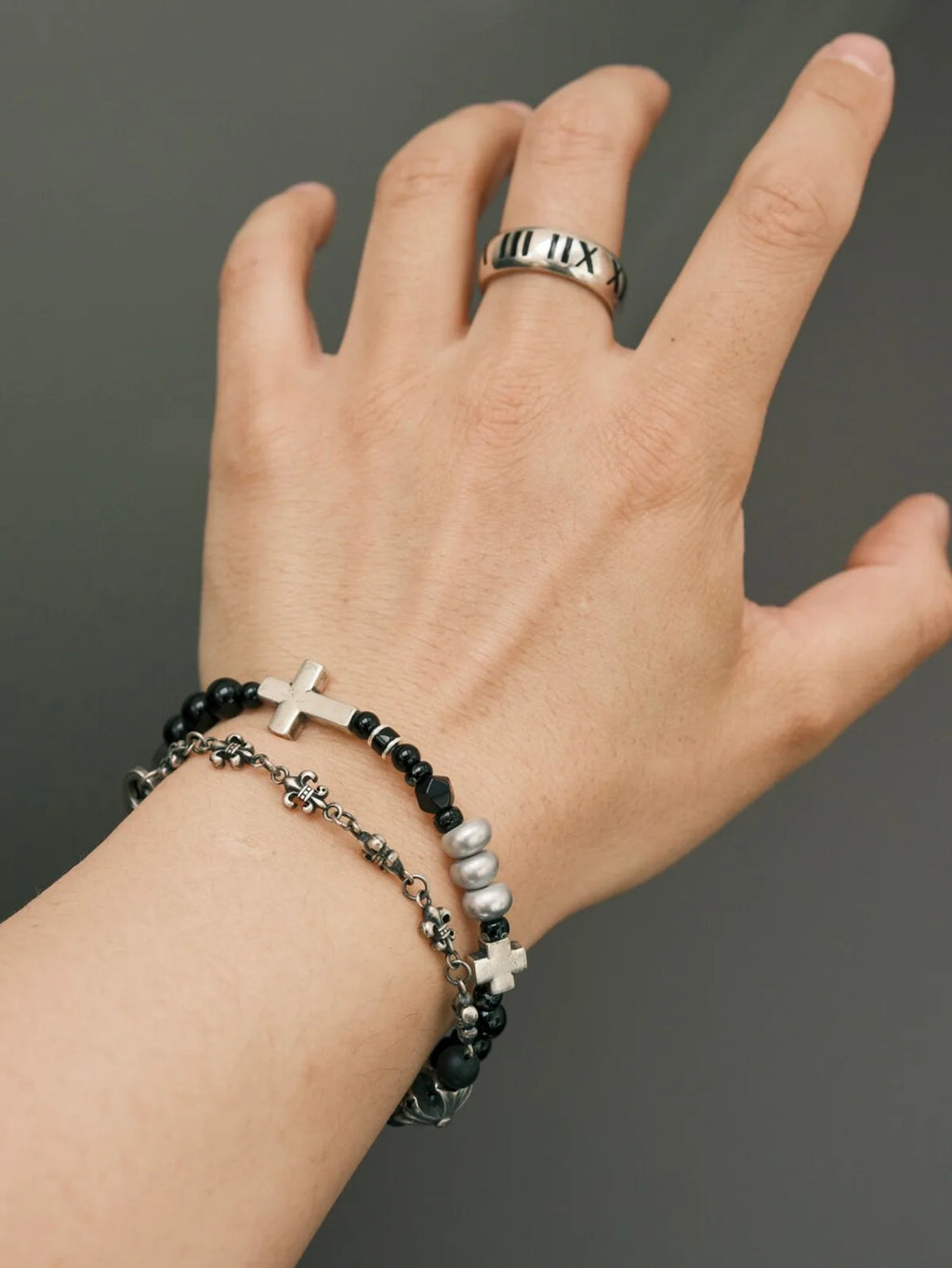 Urban Stoic Series | Dark Balance | Black Obsidian, Pearl & Silver Cross Bracelet