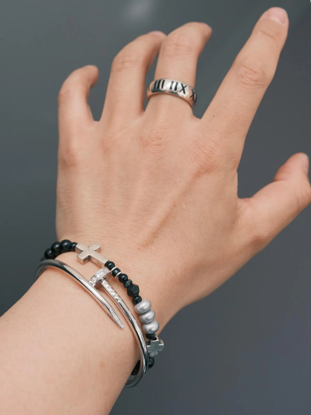 Urban Stoic Series | Dark Balance | Black Obsidian, Pearl & Silver Cross Bracelet