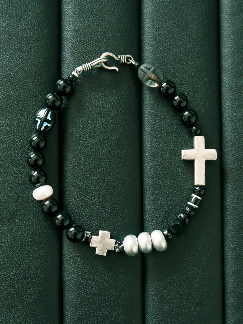 Urban Stoic Series | Dark Balance | Black Obsidian, Pearl & Silver Cross Bracelet
