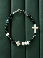 Urban Stoic Series | Dark Balance | Black Obsidian, Pearl & Silver Cross Bracelet