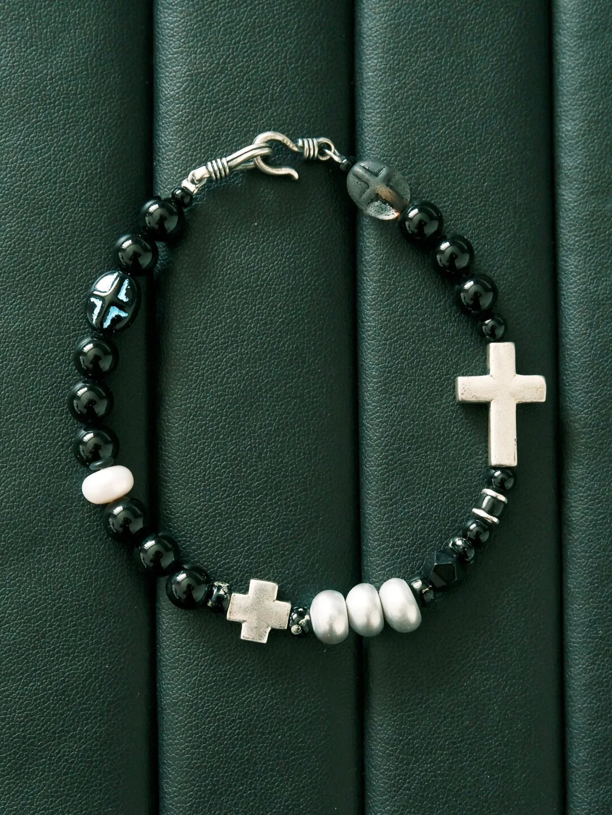 Urban Stoic Series | Dark Balance | Black Obsidian, Pearl & Silver Cross Bracelet