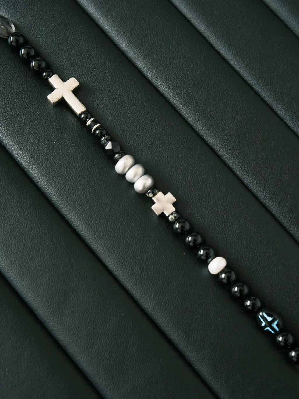 Urban Stoic Series | Dark Balance | Black Obsidian, Pearl & Silver Cross Bracelet