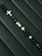 Urban Stoic Series | Dark Balance | Black Obsidian, Pearl & Silver Cross Bracelet