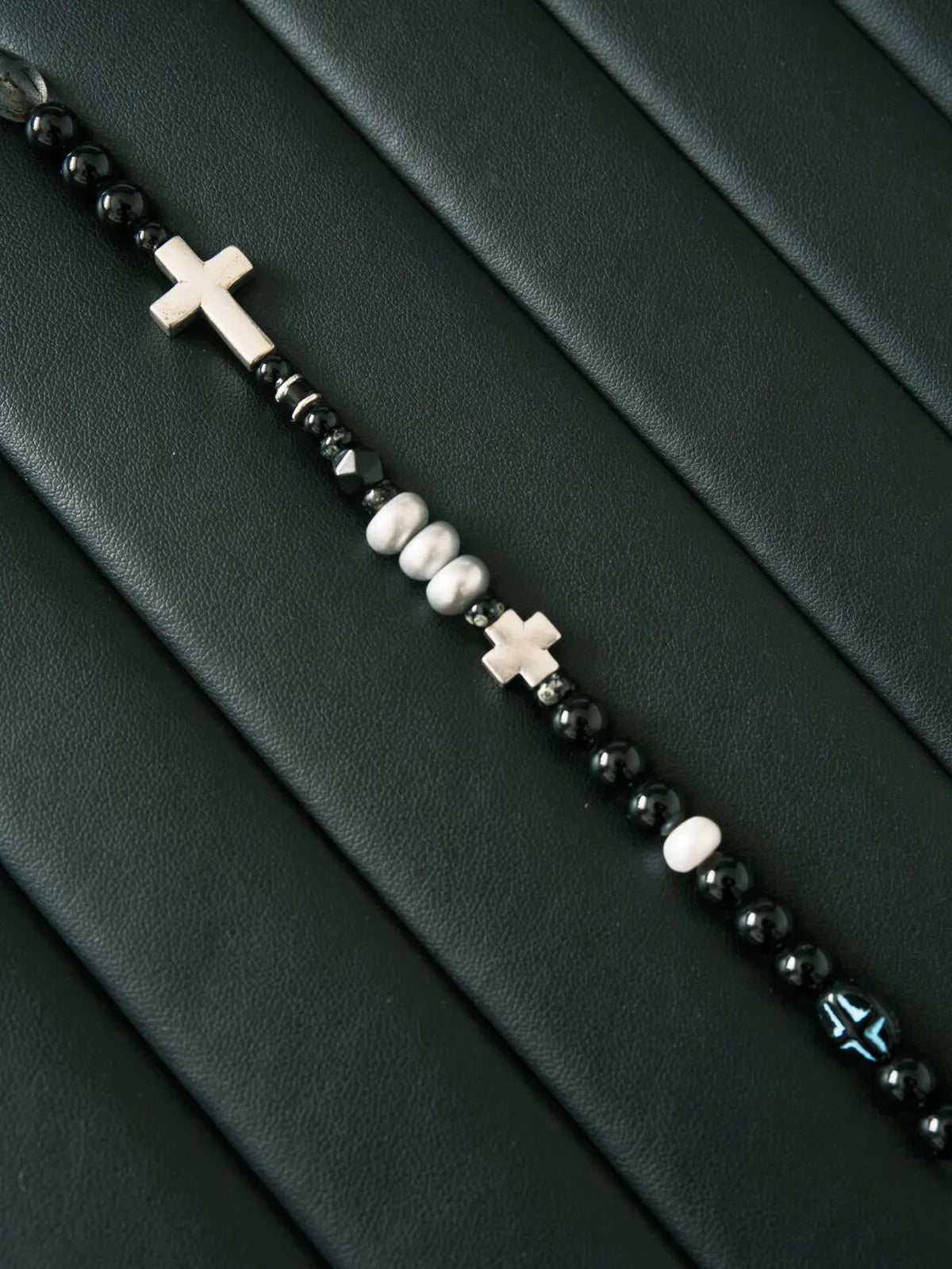 Urban Stoic Series | Dark Balance | Black Obsidian, Pearl & Silver Cross Bracelet