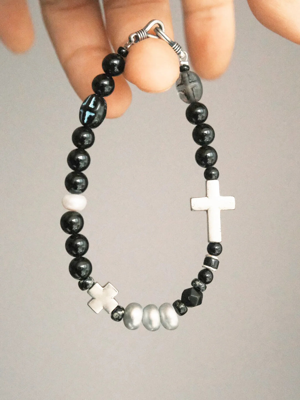 Urban Stoic Series | Dark Balance | Black Obsidian, Pearl & Silver Cross Bracelet