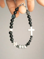 Urban Stoic Series | Dark Balance | Black Obsidian, Pearl & Silver Cross Bracelet