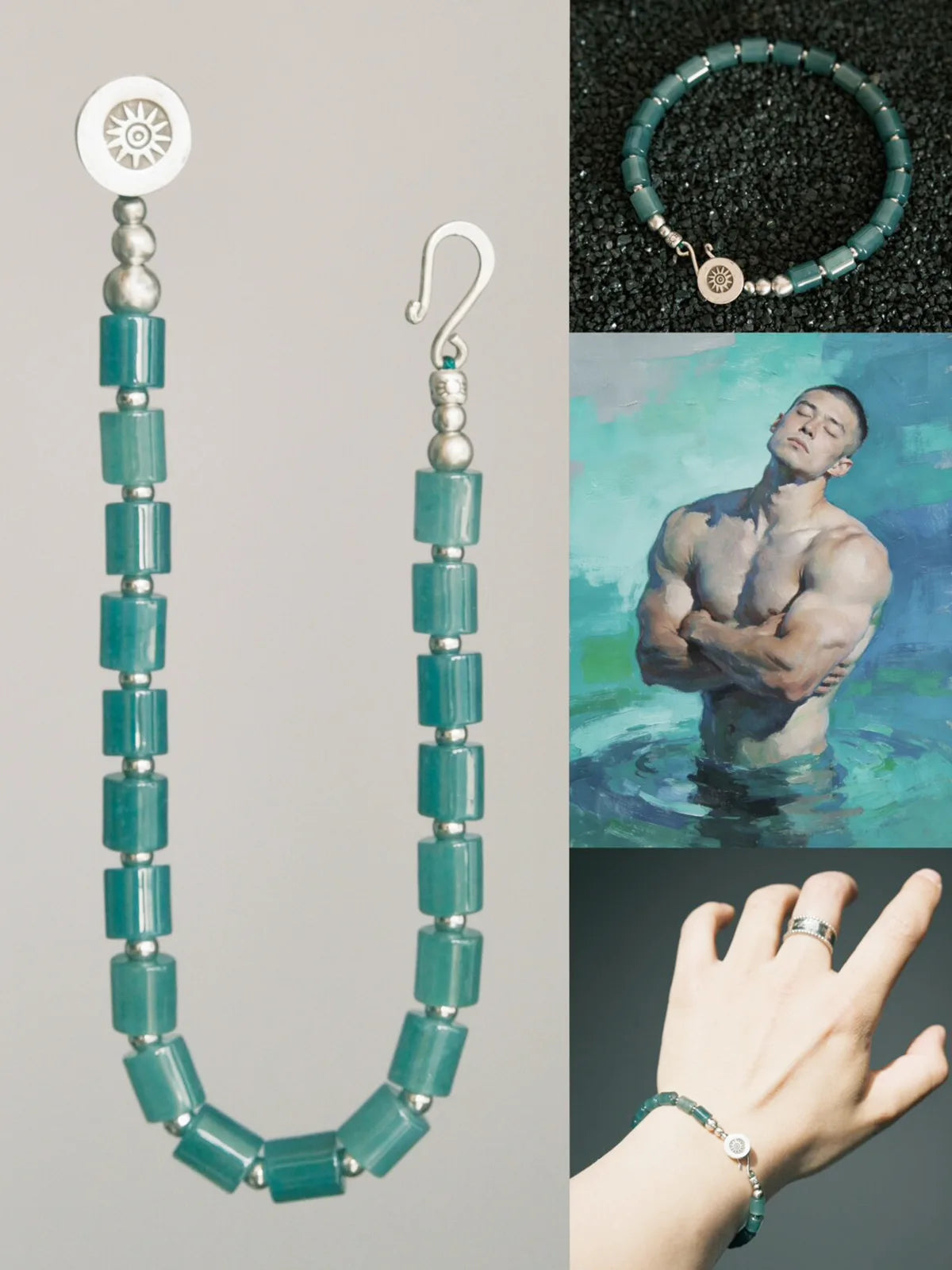Close-up of feicui jade bracelet for men with cylindrical jade beads, sterling silver details, and minimalist identity series design.