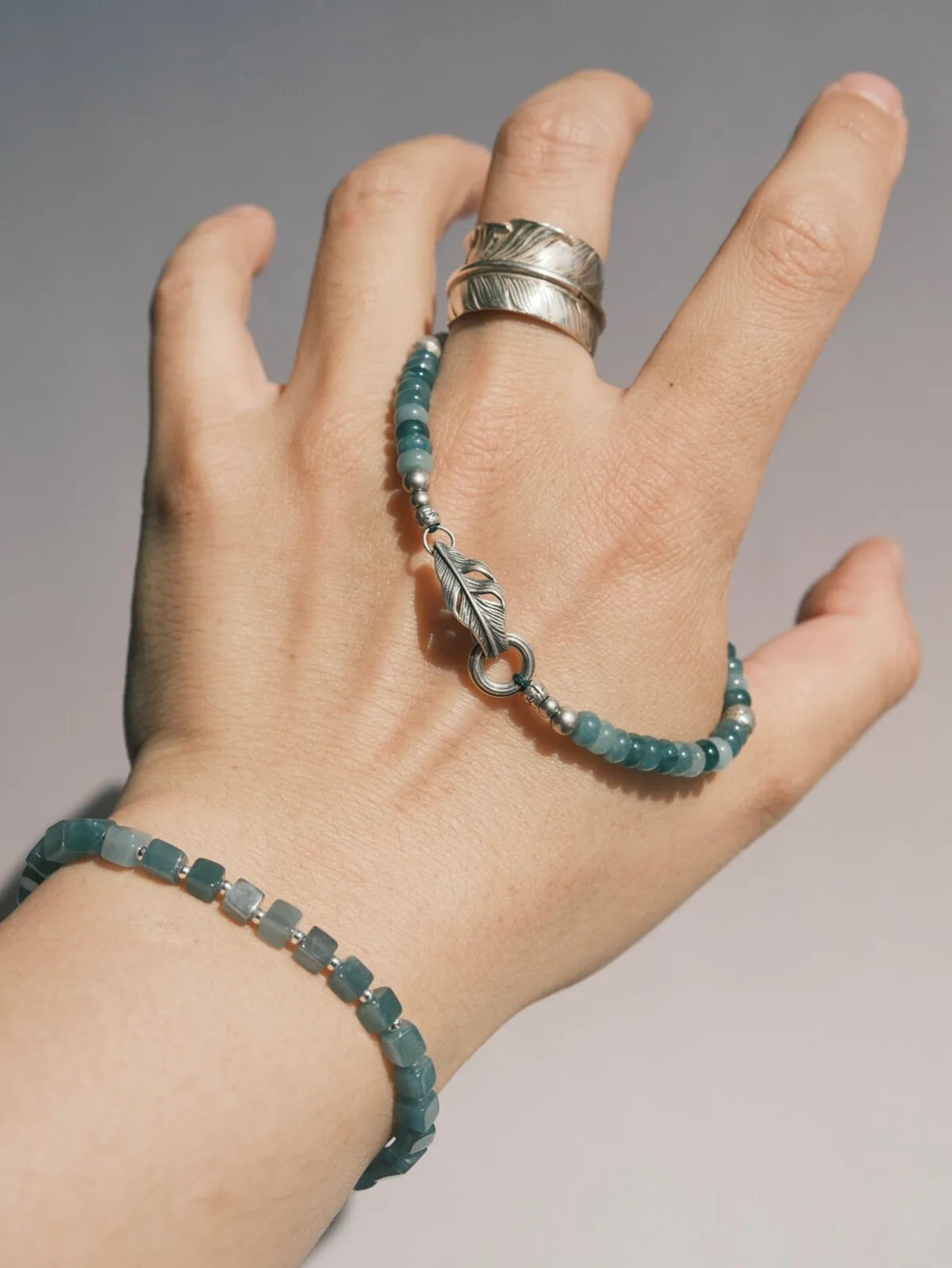 Mineral Soul Series | Ocean Bone | Jade & Sterling Silver Feather Bracelet
