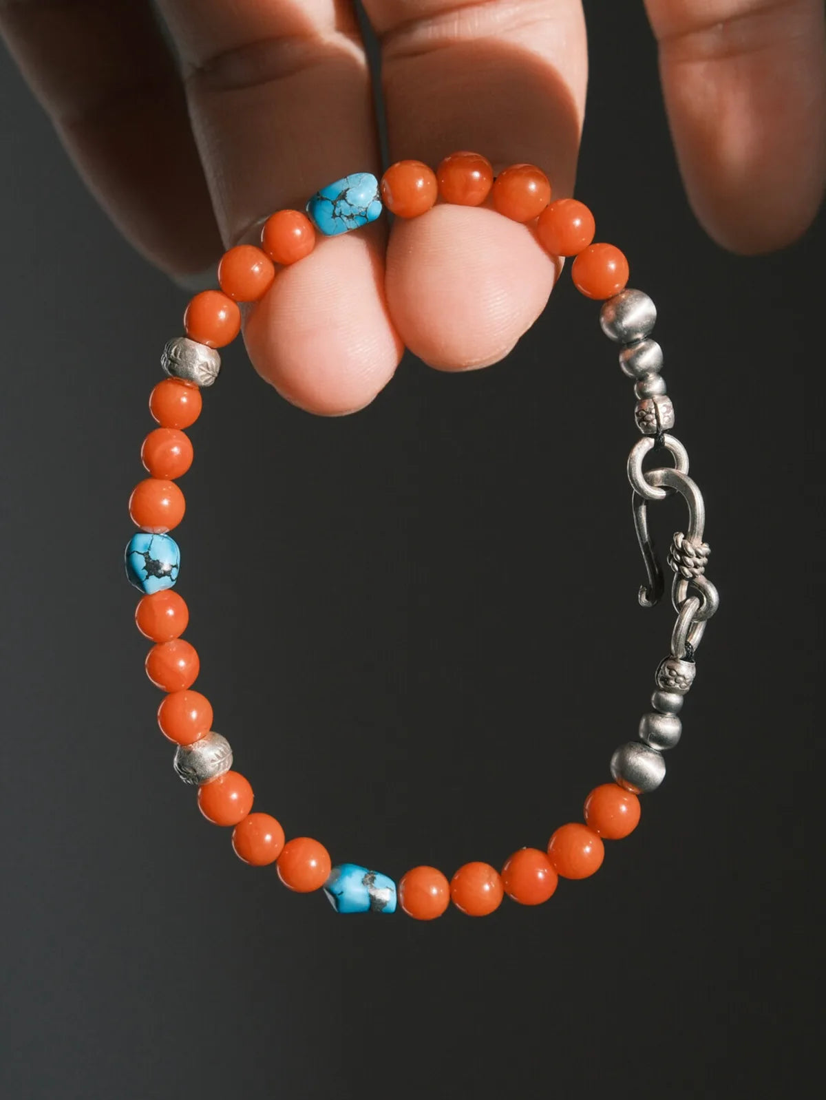 Identity Series Scarlet Axis men’s bracelet in red agate, turquoise and sterling silver, minimalist beaded bracelet for men