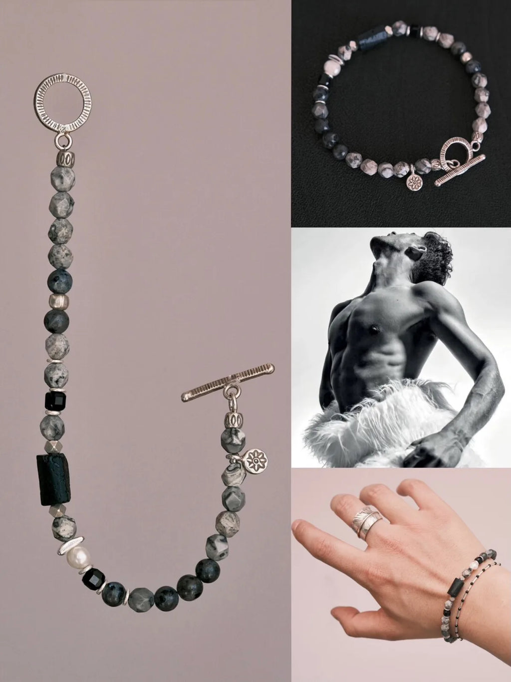 Urban Stoic Series | Grey Commander | Black Tourmaline, Pearl & Sterling Silver Bracelet