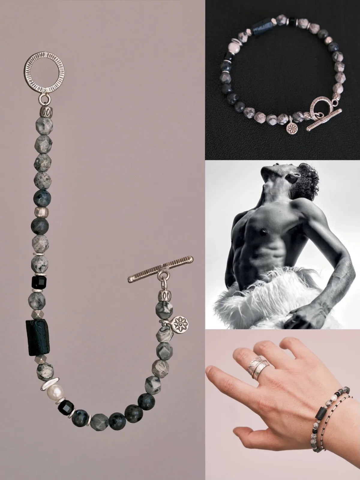 Urban Stoic Series | Grey Commander | Black Tourmaline, Pearl & Sterling Silver Bracelet