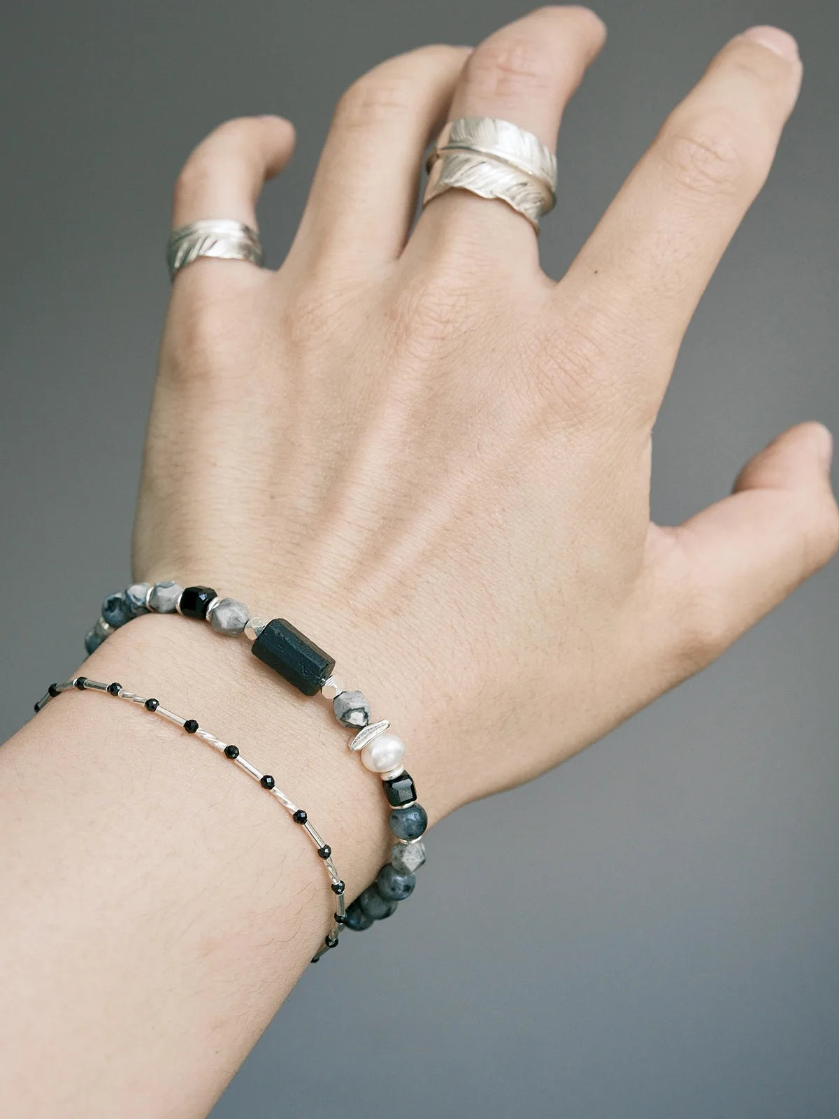 Urban Stoic Series | Grey Commander | Black Tourmaline, Pearl & Sterling Silver Bracelet