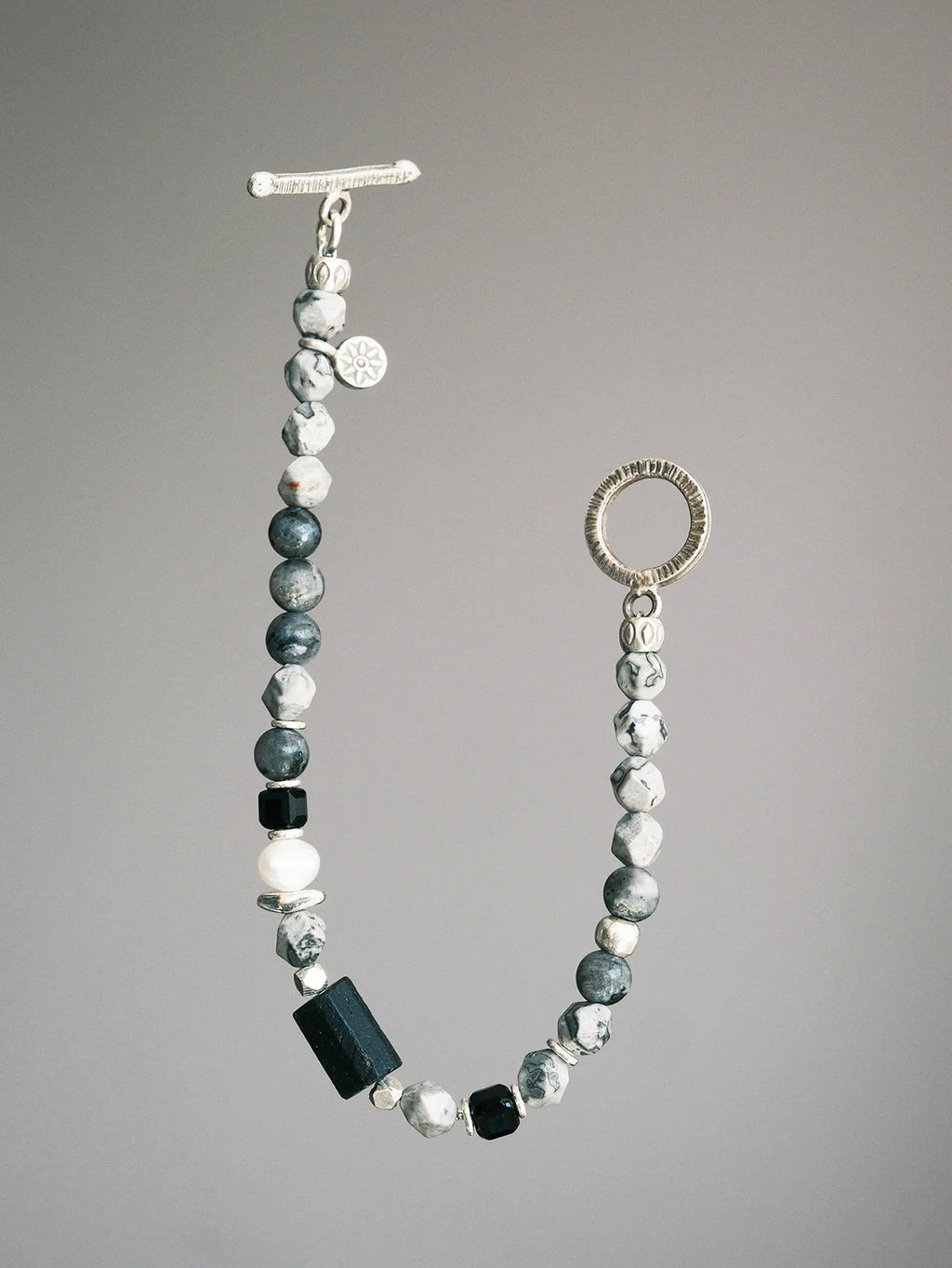 Urban Stoic Series | Grey Commander | Black Tourmaline, Pearl & Sterling Silver Bracelet
