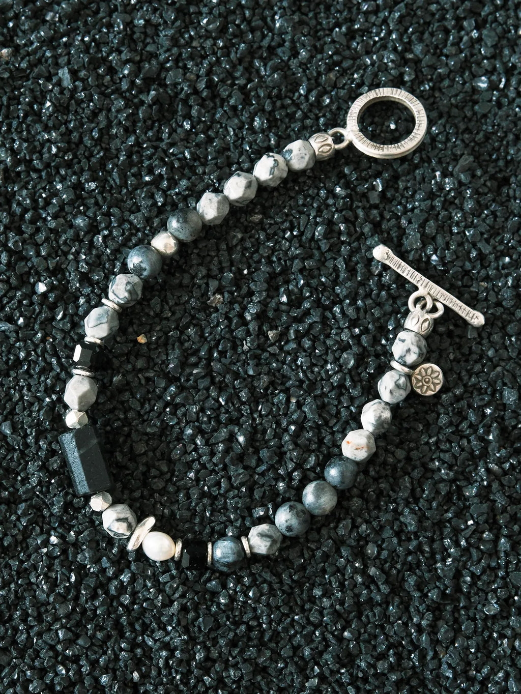Urban Stoic Series | Grey Commander | Black Tourmaline, Pearl & Sterling Silver Bracelet