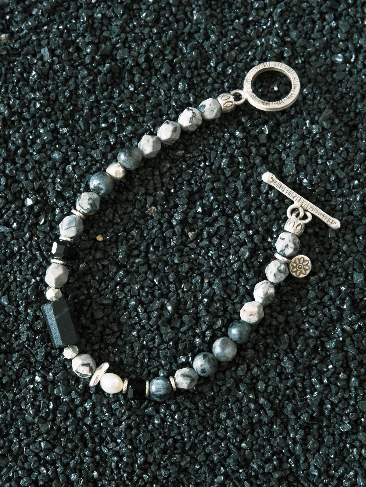 Urban Stoic Series | Grey Commander | Black Tourmaline, Pearl & Sterling Silver Bracelet