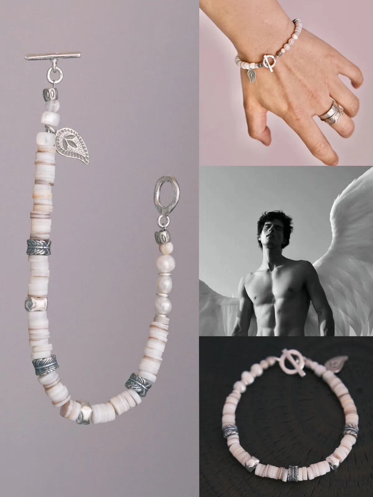 Identity Series | Broken Halo | Shell, Pearl & Sterling Silver Feather Bracelet