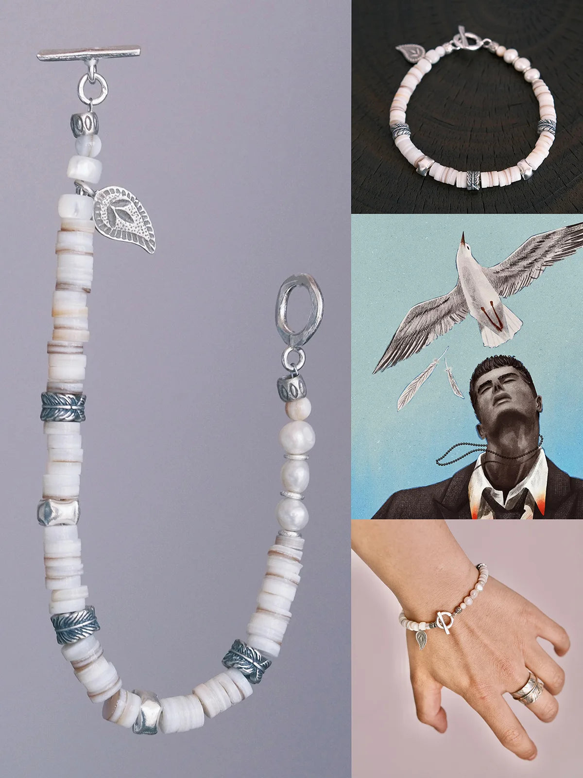 Identity Series | Broken Halo | Shell, Pearl & Sterling Silver Feather Bracelet