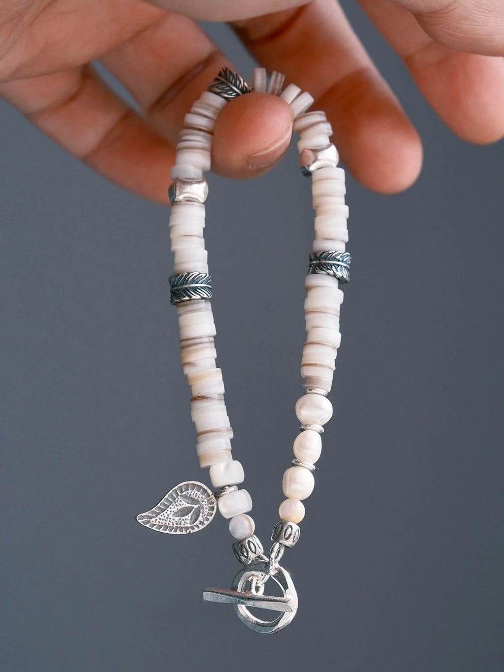 Identity Series | Broken Halo | Shell, Pearl & Sterling Silver Feather Bracelet