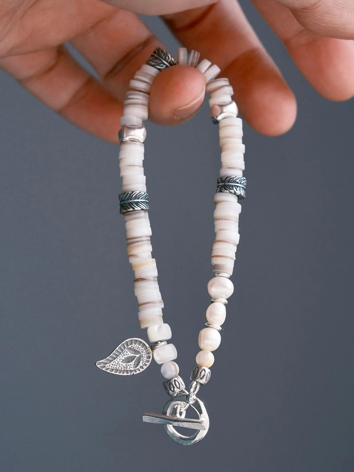 Identity Series | Broken Halo | Shell, Pearl & Sterling Silver Feather Bracelet