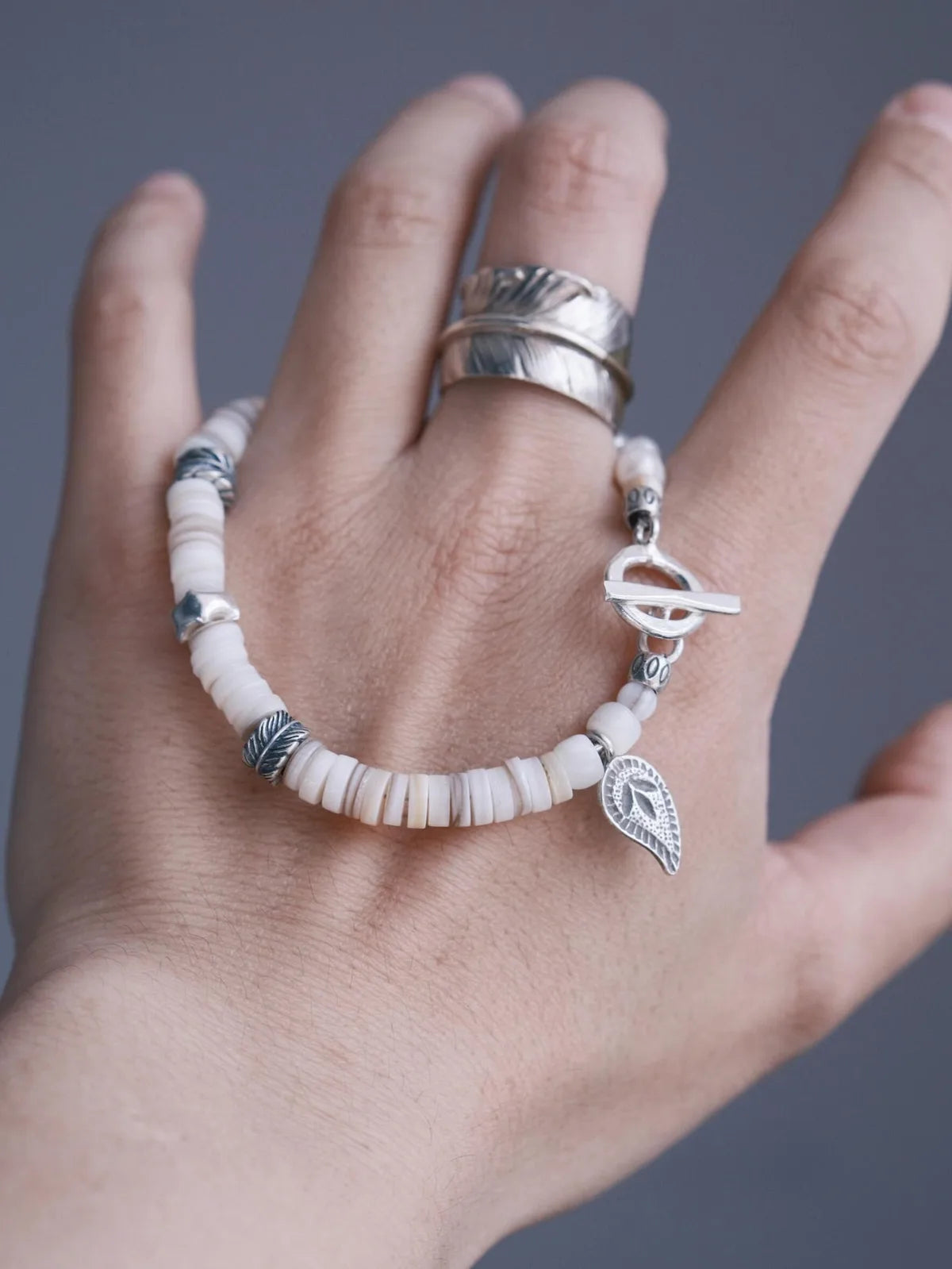 Identity Series | Broken Halo | Shell, Pearl & Sterling Silver Feather Bracelet