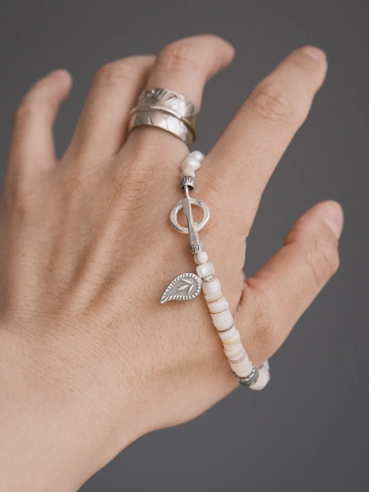Identity Series | Broken Halo | Shell, Pearl & Sterling Silver Feather Bracelet