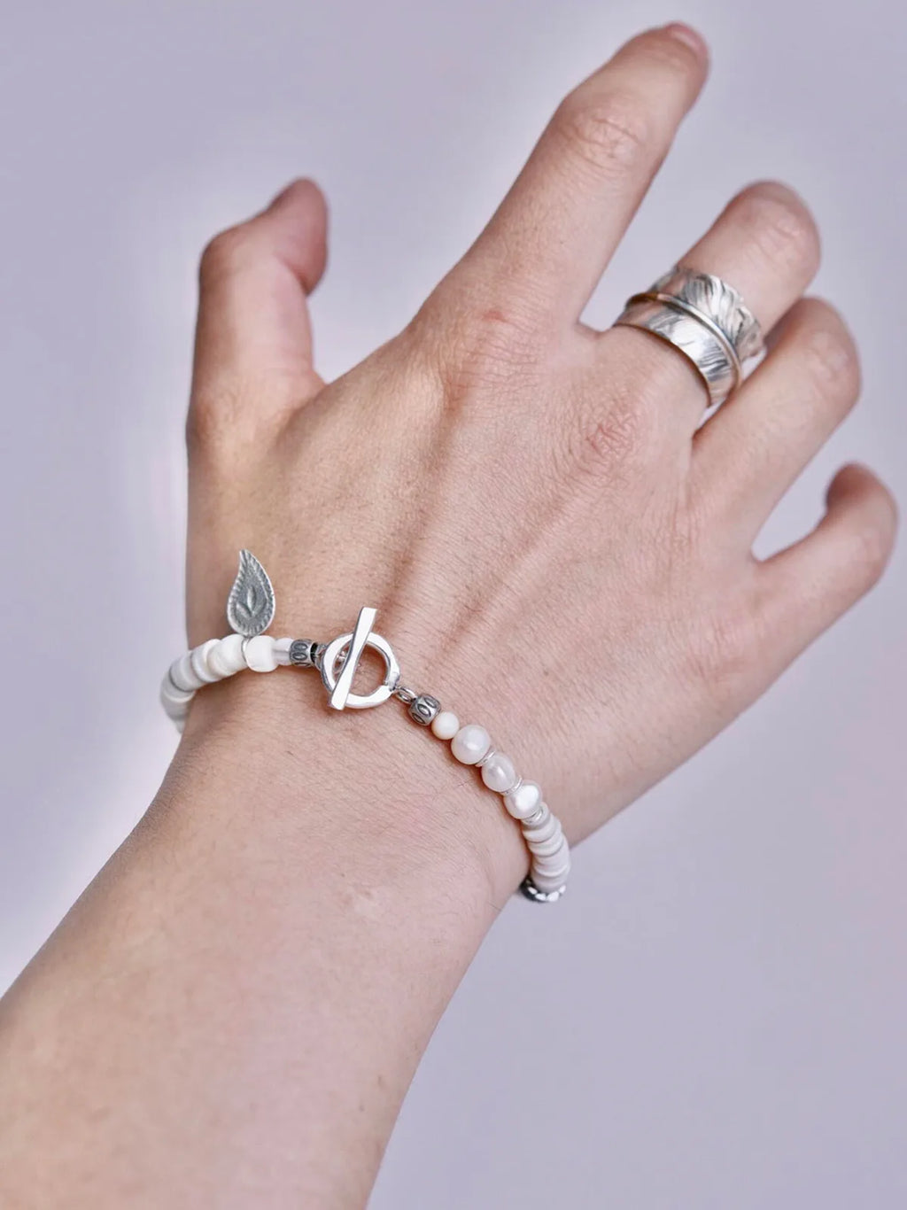 Identity Series | Broken Halo | Shell, Pearl & Sterling Silver Feather Bracelet