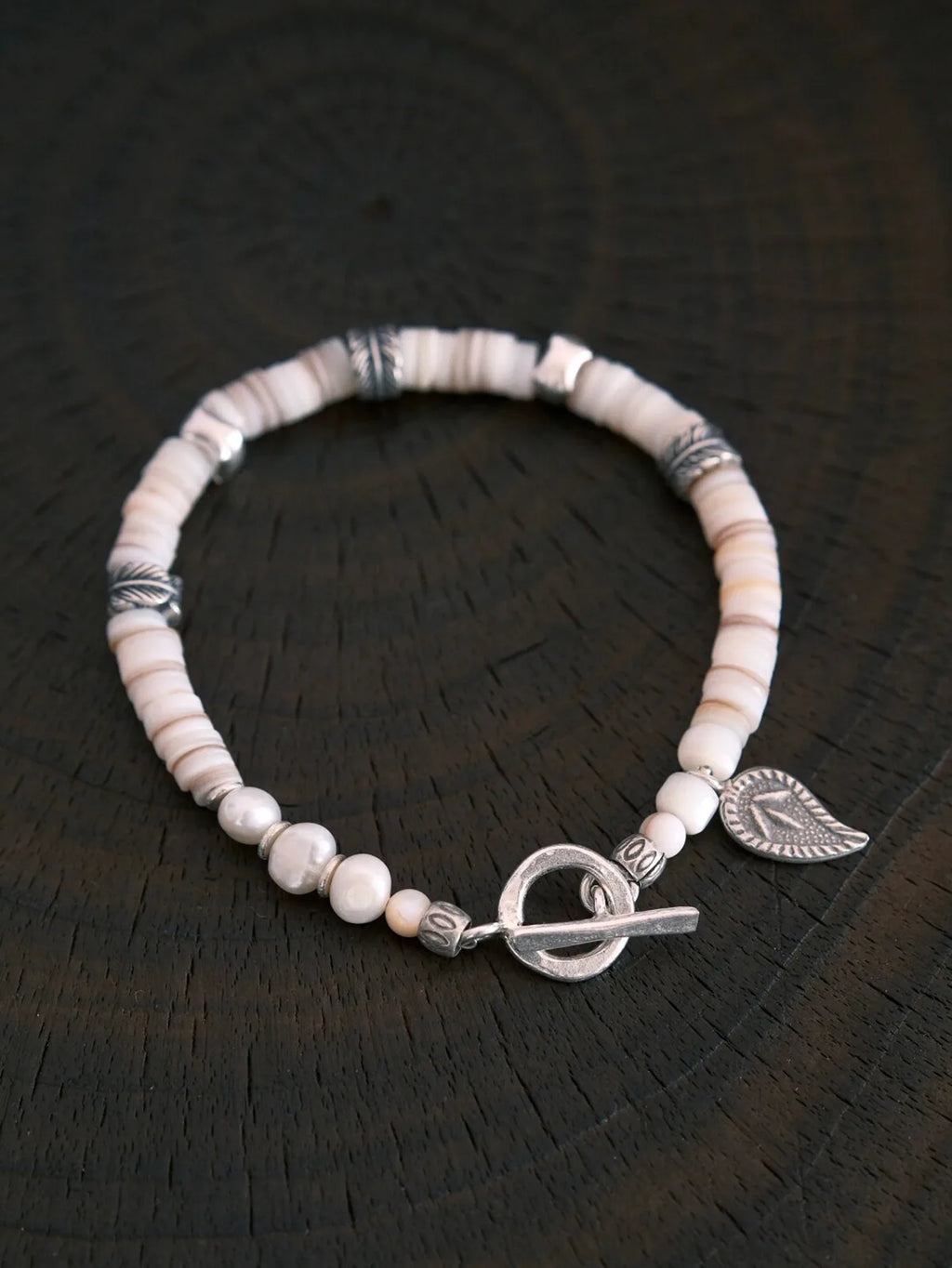Identity Series | Broken Halo | Shell, Pearl & Sterling Silver Feather Bracelet