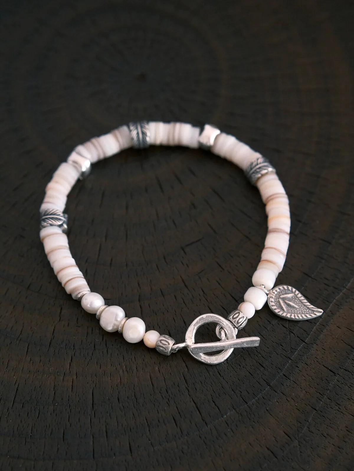 Identity Series | Broken Halo | Shell, Pearl & Sterling Silver Feather Bracelet
