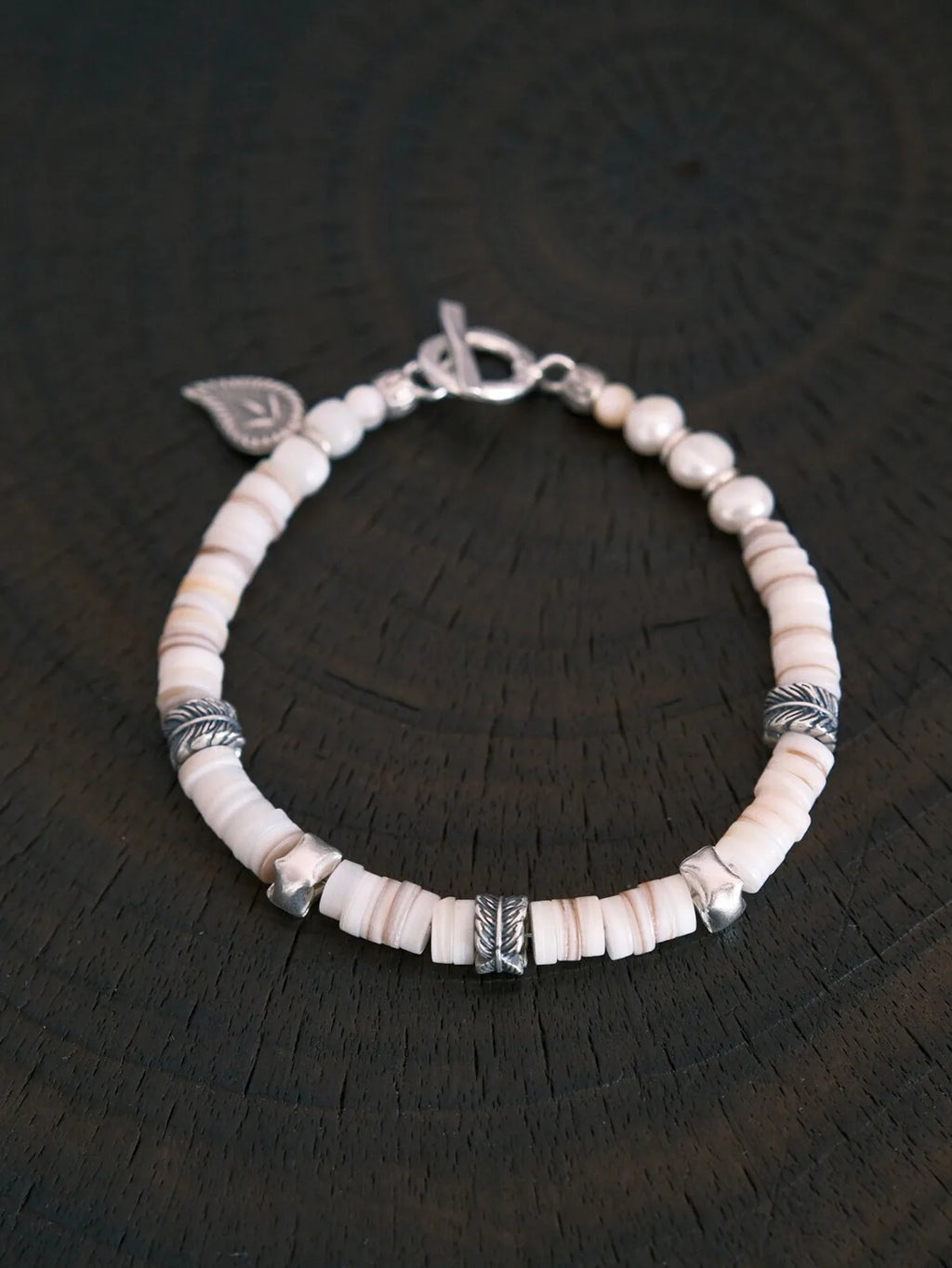 Identity Series | Broken Halo | Shell, Pearl & Sterling Silver Feather Bracelet