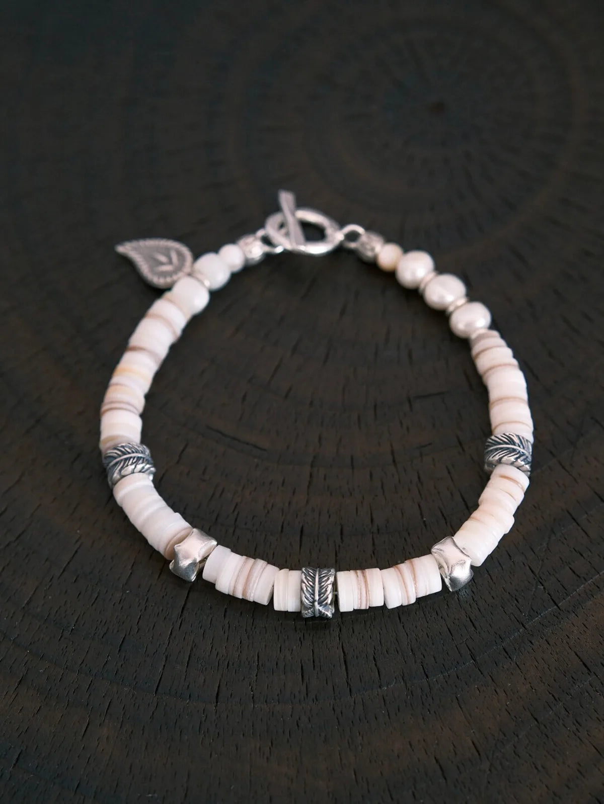 Identity Series | Broken Halo | Shell, Pearl & Sterling Silver Feather Bracelet