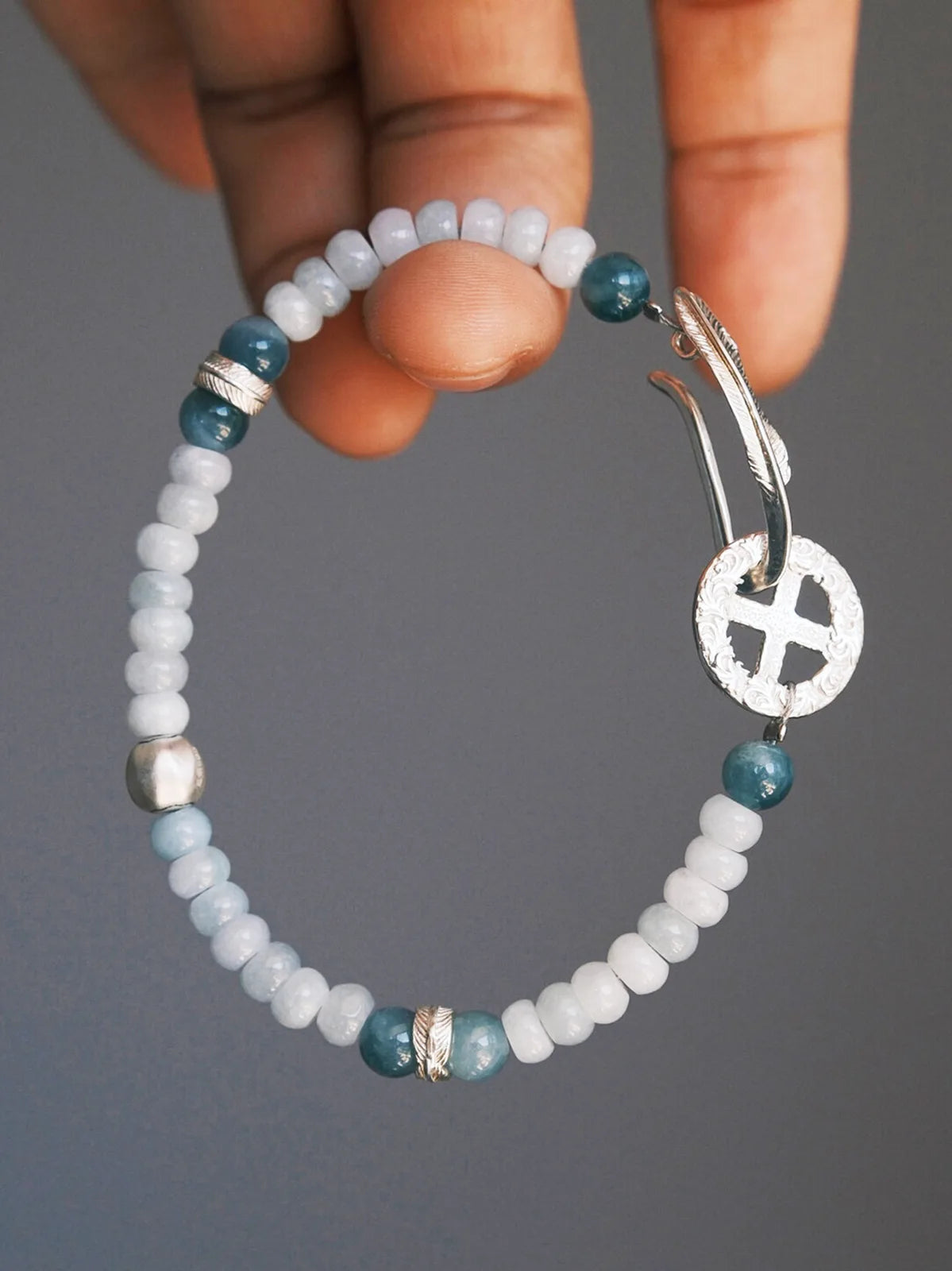Identity Series | Blue Signal | Dual Jade & Sterling Silver Feather Bracelet