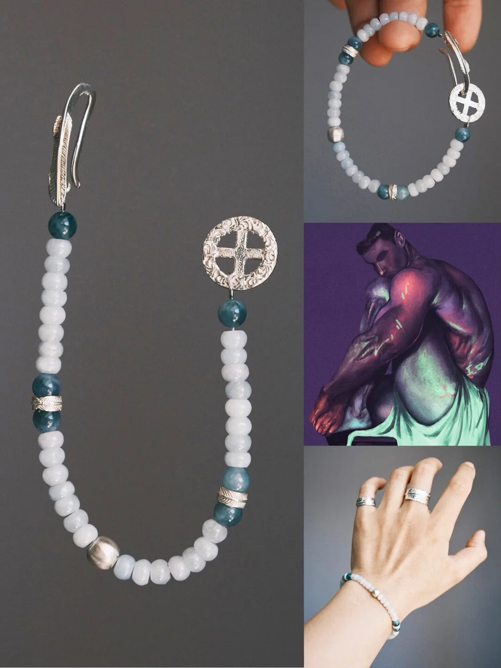 Identity Series | Blue Signal | Dual Jade & Sterling Silver Feather Bracelet