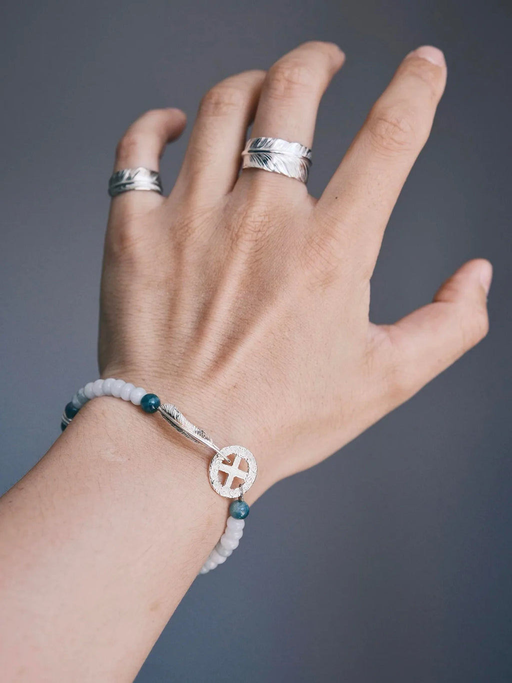 Identity Series | Blue Signal | Dual Jade & Sterling Silver Feather Bracelet