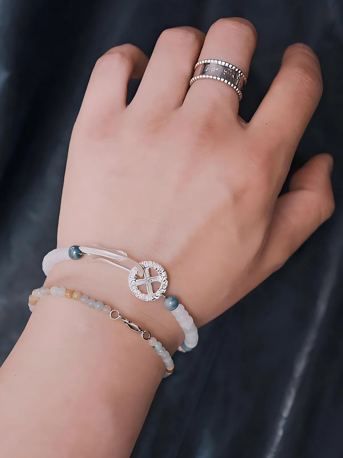 Identity Series | Blue Signal | Dual Jade & Sterling Silver Feather Bracelet