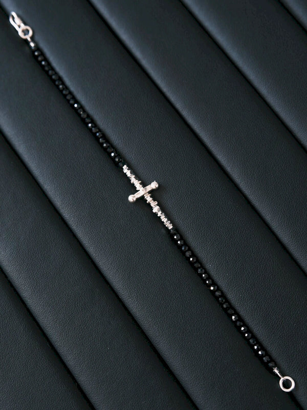 Black and silver men’s bracelet with dark warrior mood, minimal masculine jewelry inspired by quiet control