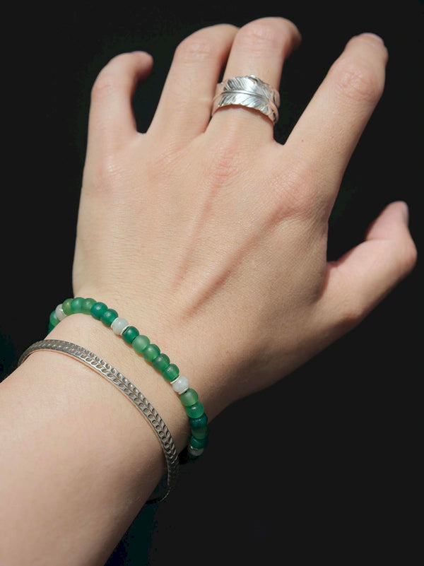 Men’s green agate and jade bracelet worn on wrist, Identity Series Green Youth, daily wear minimal jewelry for modern men.